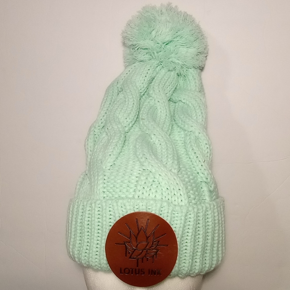 Winter Leather Patch "Lotus Ink" Chunky Cable Twist Cuff & Pom Knit Mint Beanie - Picture 3 of 7